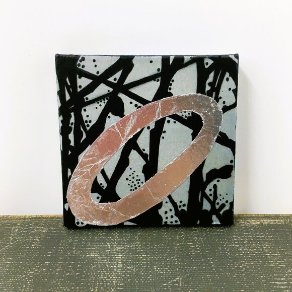 Miniature Square Gray Black Silver Leaf Branches Ink Drawing on Canvas Wall Art - Picture 6 of 16